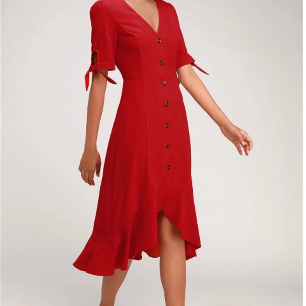 Red Button Front Toe Sleeve Ruffles Midi - Picture 3 of 4